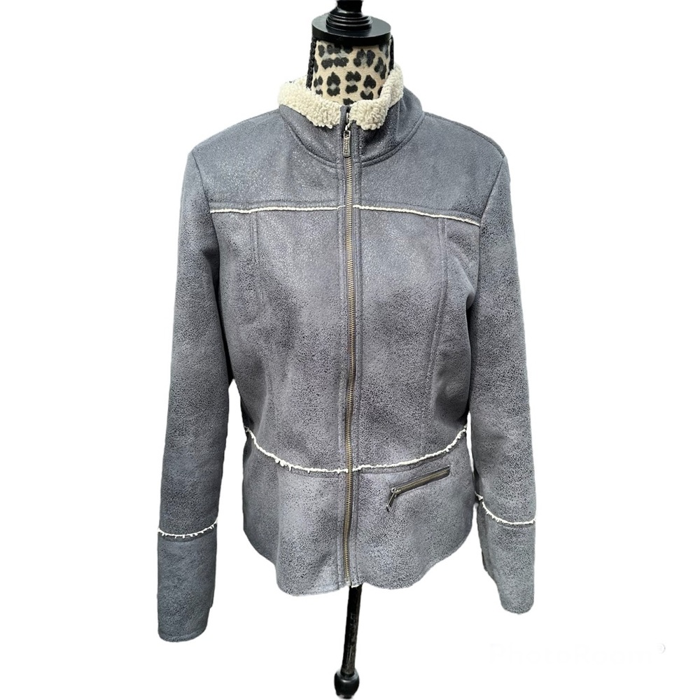 Prana Esme Sherpa Full Zip Gray Faux Suede Jacket Large